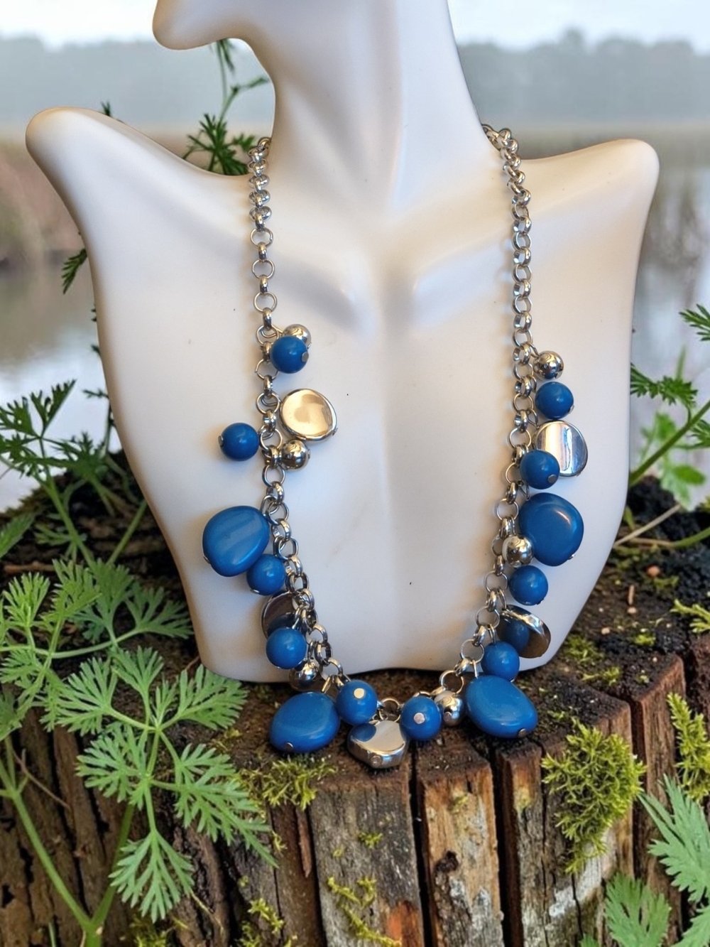 Women's Silver Chain Necklace with Blue Bead Accents - Picture 1 of 1